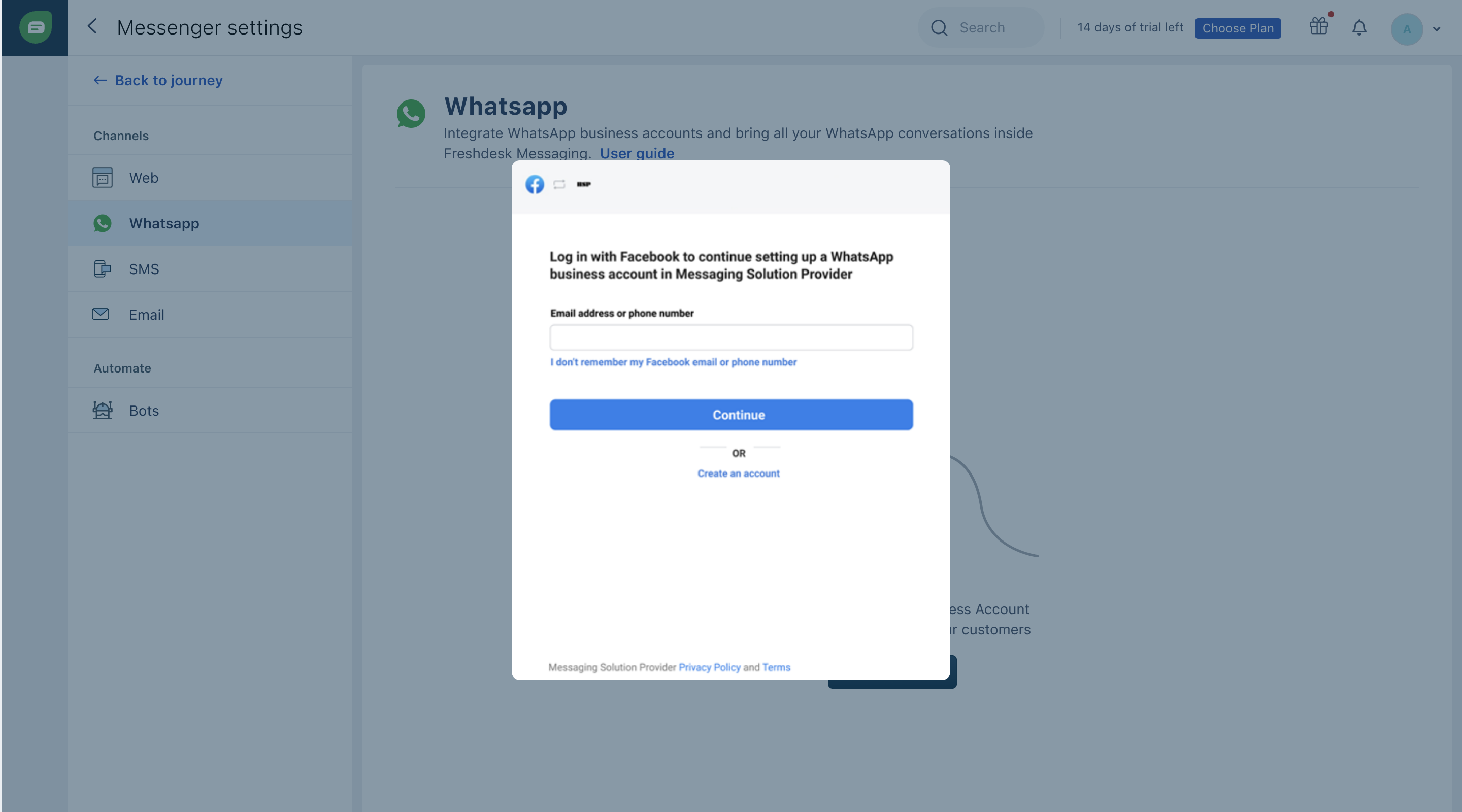 Facebook-Anmeldefenster: „Log in with Facebook to continue setting up a WhatsApp business account“ über den WhatsApp-Messenger-Einstellungen