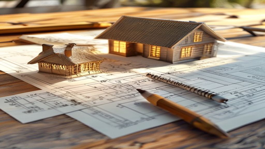 Bauherr mit Bauplan zeigt auf eine Wand im Bau