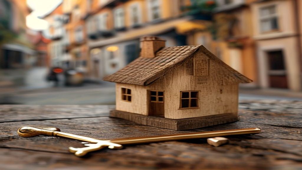 Ein kleines Haus mit Schluessel daneben vor europaeischer Altstadt