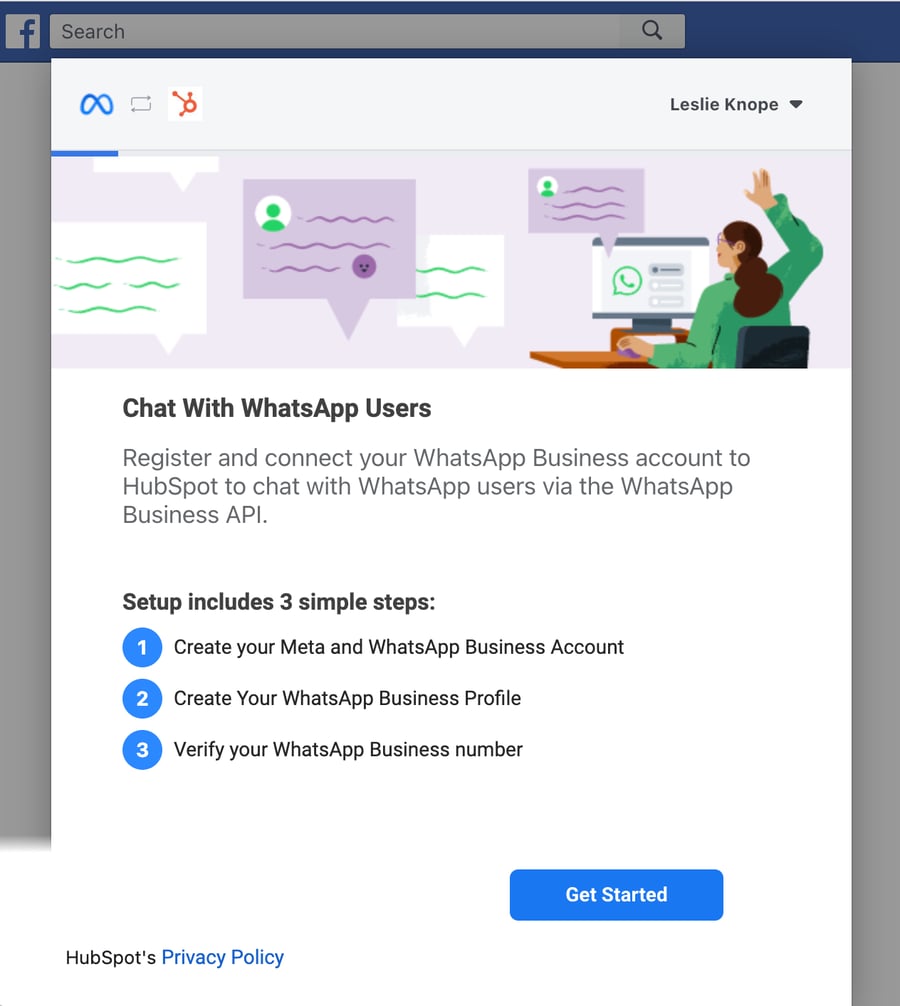 Meta-Verbindungs-Flow aus HubSpot: Startbildschirm mit Get-started-Button
