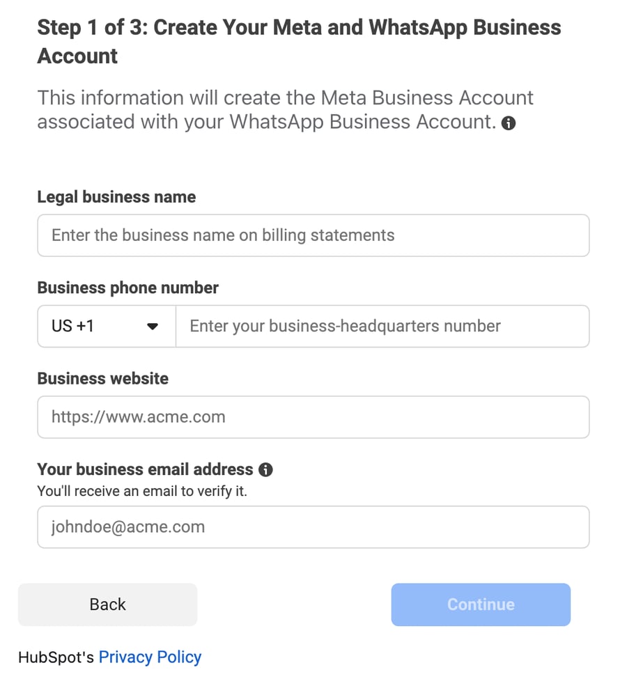 Meta-Flow: neuen Meta-Business-Account anlegen mit Firmenname, Telefonnummer, Website und E-Mail
