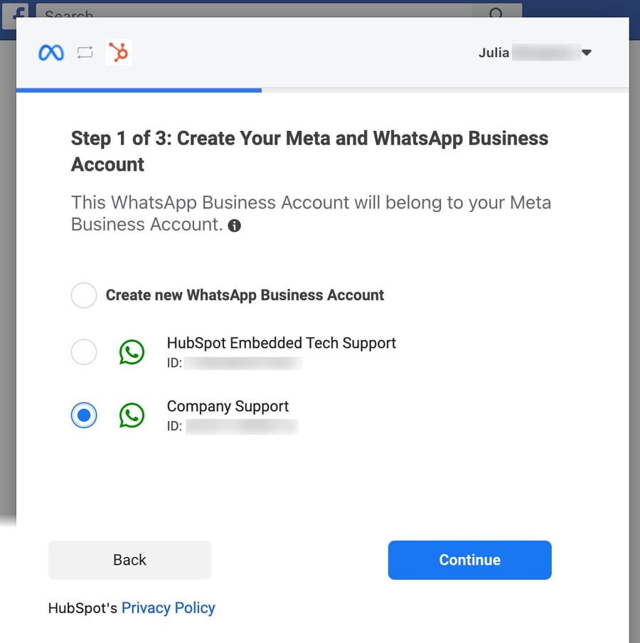 Meta-Flow: WhatsApp-Business-Account auswählen oder neu erstellen