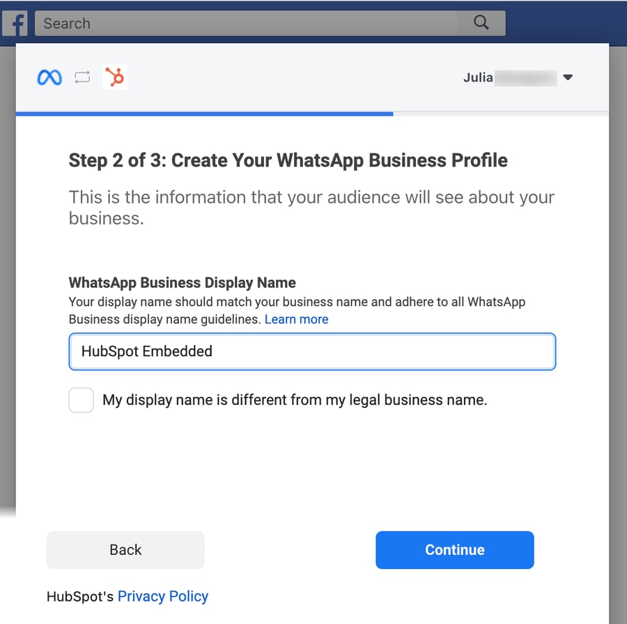 Meta-Flow: WhatsApp-Business-Profil erstellen mit Anzeigename und Kategorie