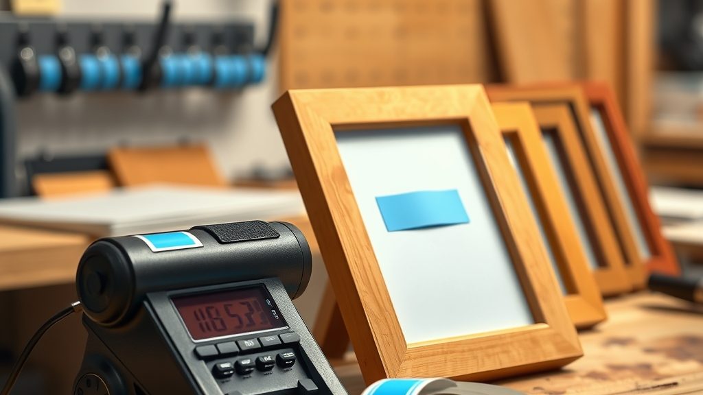 Werkbank mit Etikettiergerät, einer Rolle blauer Labels und aufgereihten Bilderrahmen, einer davon etikettiert