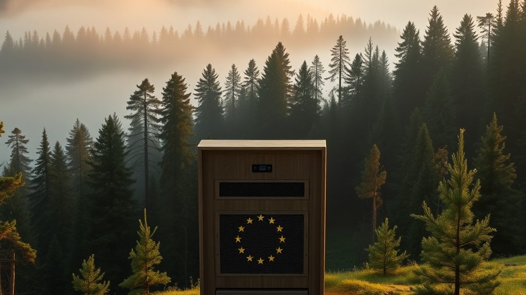 Schwarzwald-Panorama im Morgennebel, im Vordergrund ein hölzernes Servermodul mit EU-Sternenkreis