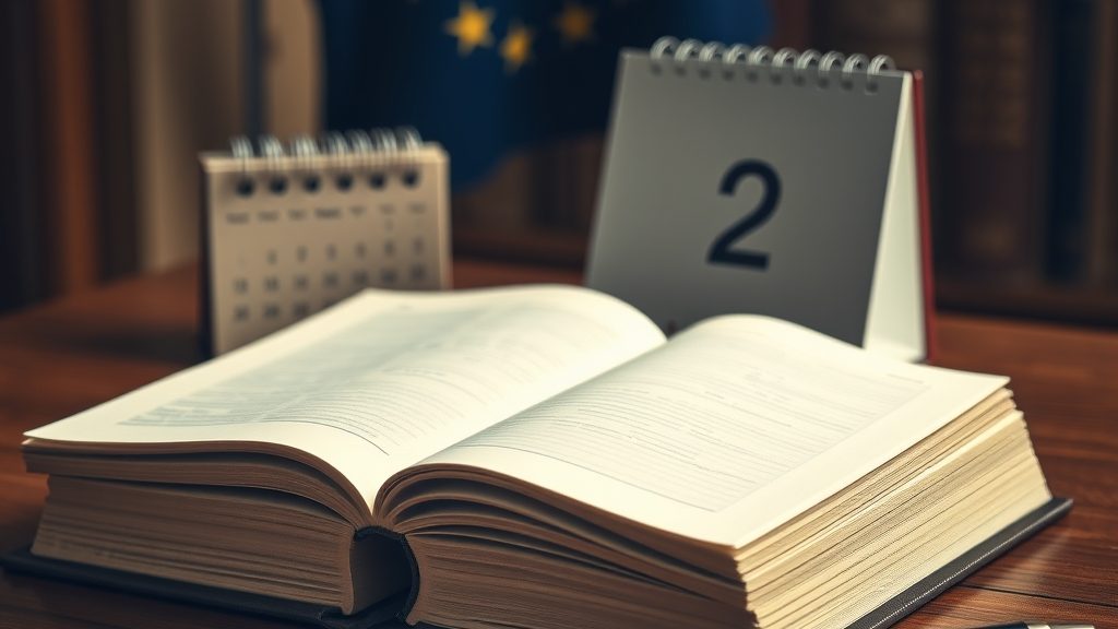 Aufgeschlagenes Gesetzbuch vor EU-Flagge, daneben ein Tischkalender mit einer großen 2