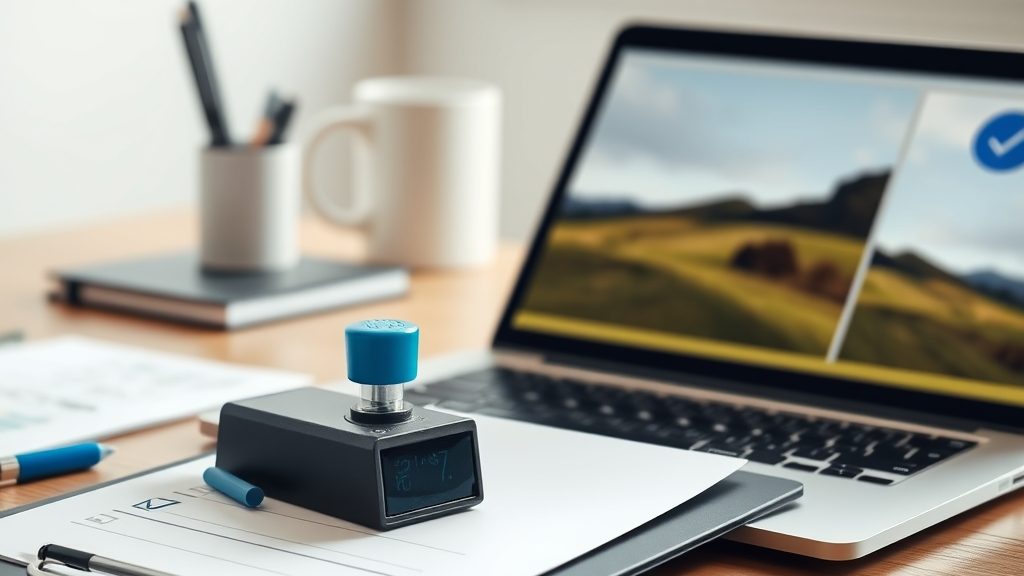 Schreibtisch mit Checklisten-Klemmbrett, blauem Stempel und Laptop, auf dessen Bildschirm ein Bild mit Label zu sehen ist