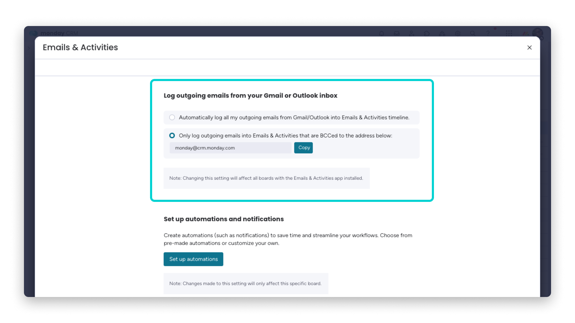 monday CRM: Logging-Einstellung — alle ausgehenden E-Mails loggen oder nur E-Mails mit BCC-Adresse