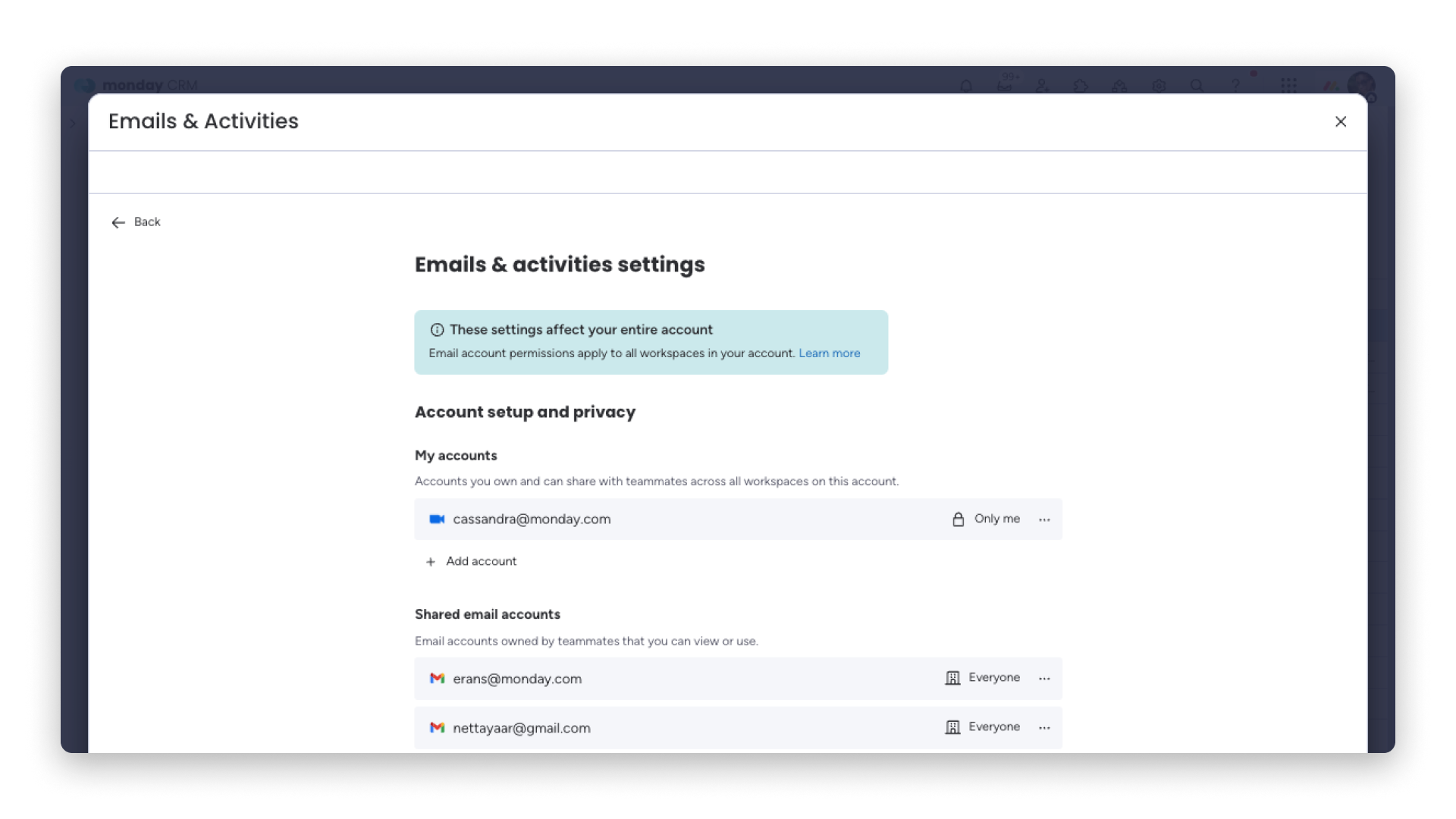 monday CRM: Bereich Account setup and privacy mit eigenen und geteilten E-Mail-Konten