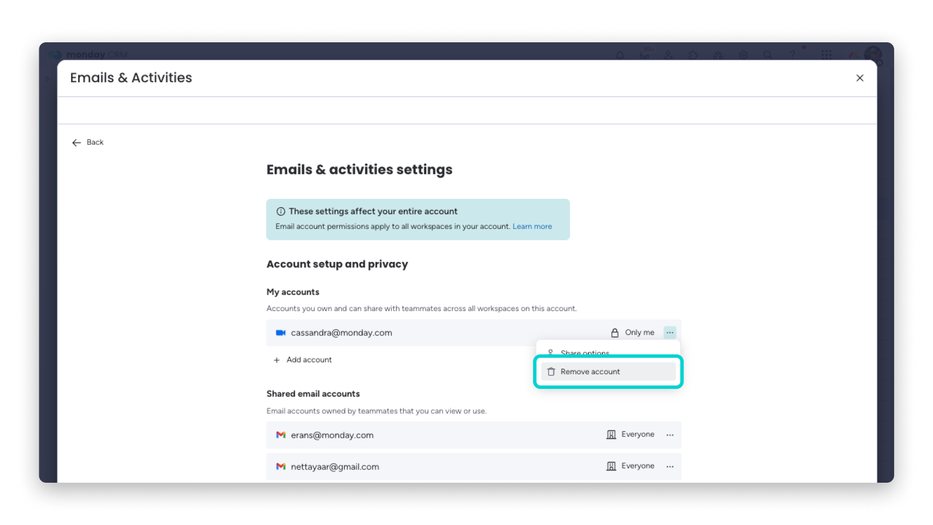 monday CRM: Drei-Punkte-Menü an der Verbindung mit der Option Remove account
