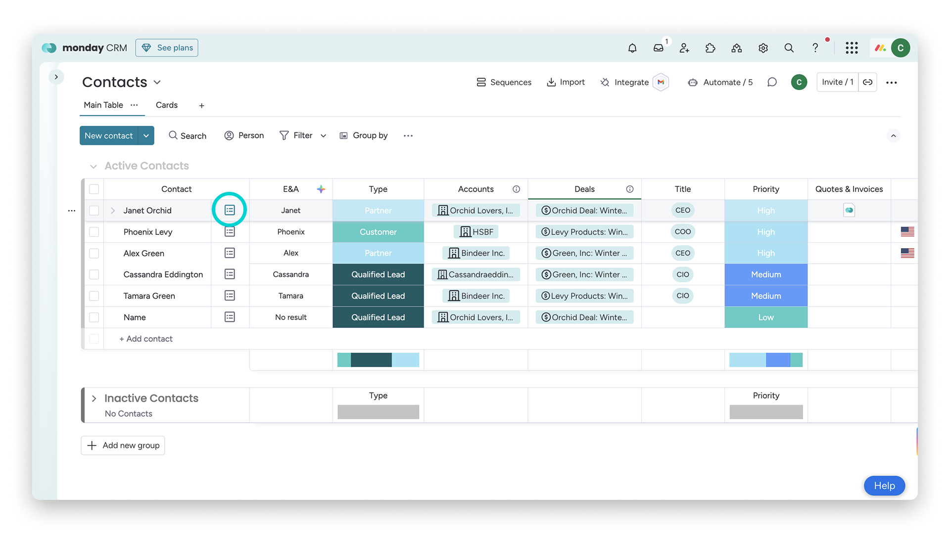 monday CRM: Contacts-Board mit dem Timeline-Übersichts-Symbol am Eintrag