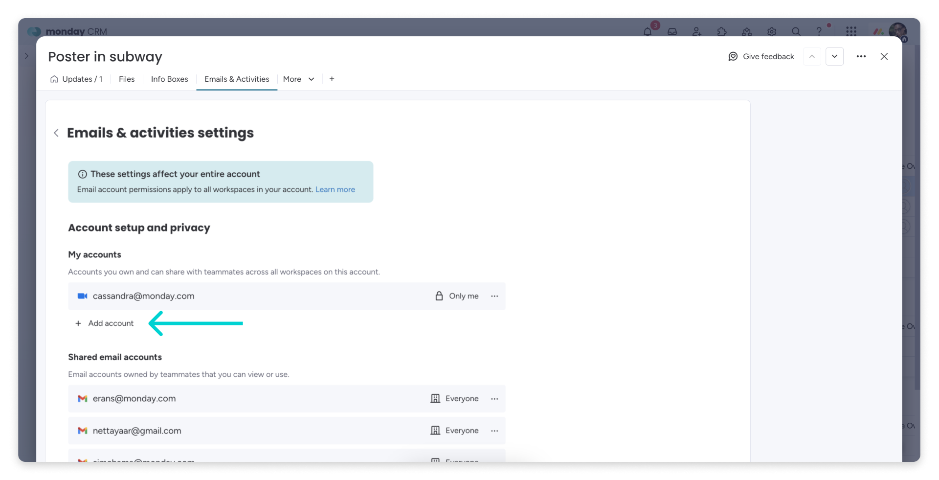 monday CRM: Emails-und-Activities-Einstellungen mit Add-account-Button
