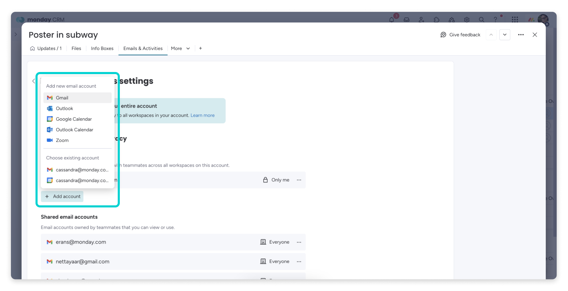 monday CRM: Anbieter-Auswahl beim Konto-Hinzufügen mit Gmail und Outlook