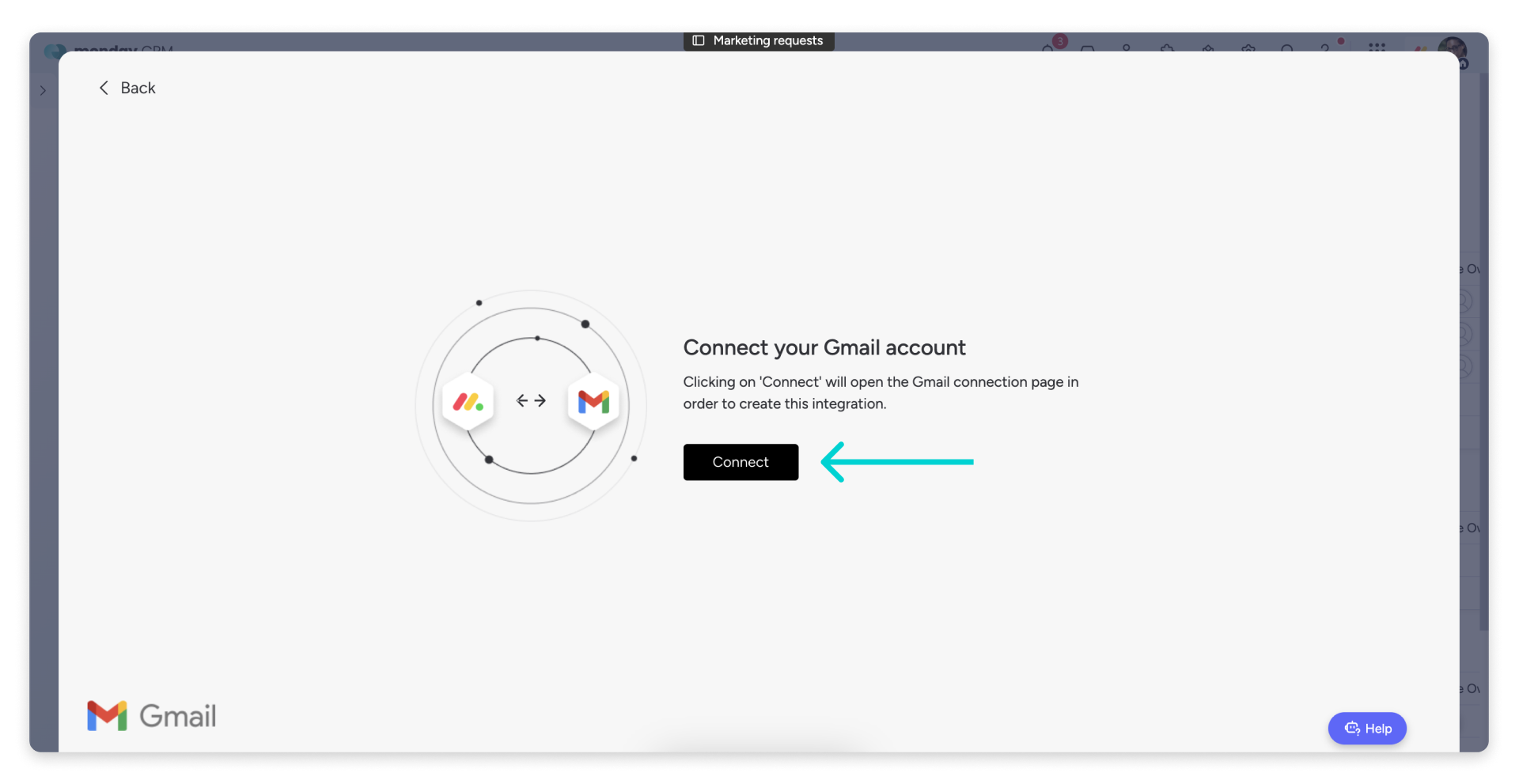 monday CRM: Verbindungsseite mit Connect-Button für das Gmail-Konto