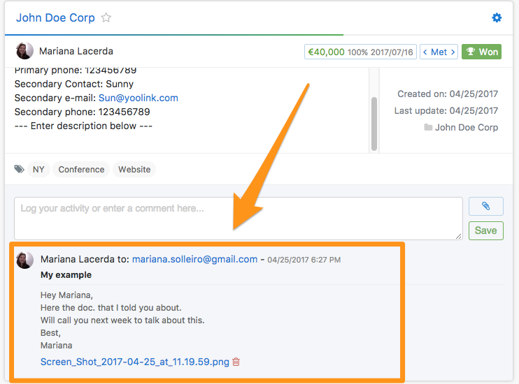 noCRM-Lead-Karte: eine per BCC mitgeschickte E-Mail erscheint automatisch als Eintrag im Kommentarbereich des Leads