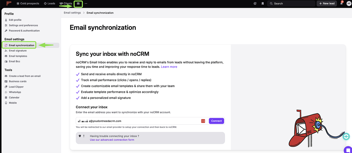 noCRM: Briefumschlag-Symbol in der oberen Navigation und Menüpunkt „Email synchronization" im linken Menü, rechts die Seite „Sync your inbox with noCRM" mit Connect-Button