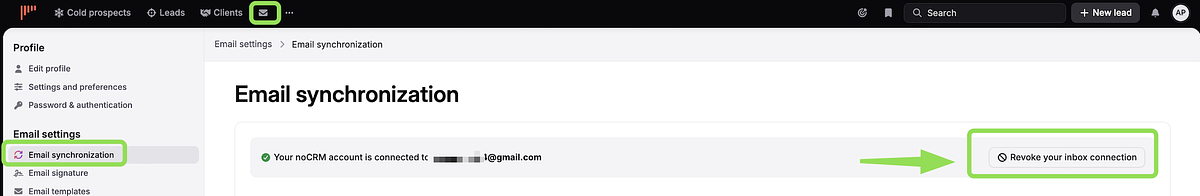 noCRM Email-synchronization-Seite mit verbundenem Konto und dem Button „Revoke your inbox connection" rechts