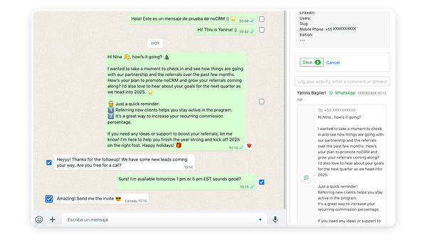 noCRM-Extension in WhatsApp Web: Nachrichten auswählen und mit Save Messages in den Lead synchronisieren
