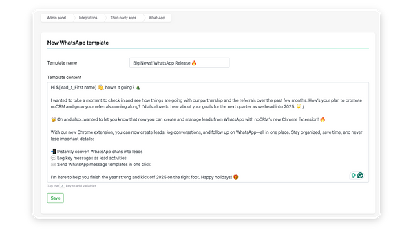 noCRM Admin Panel: WhatsApp-Nachrichtenvorlagen mit Variablen anlegen