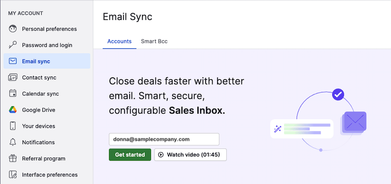 Pipedrive: Persönliche Einstellungen → E-Mail-Synchronisation, E-Mail-Adresse eingeben und Get started klicken