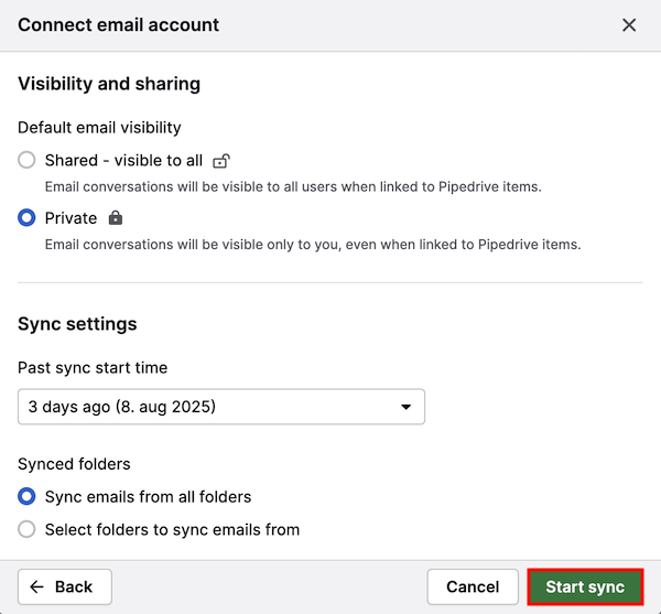 Pipedrive: Sichtbarkeit wählen, Sync-Zeitraum und Ordner festlegen, Start sync klicken