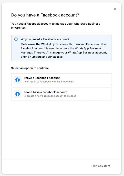 Pipedrive WhatsApp-Setup-Assistent: erste Frage nach dem Facebook-Konto