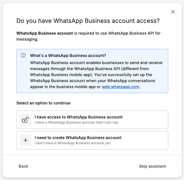Pipedrive WhatsApp-Setup-Assistent: Frage, ob bereits ein WhatsApp-Business-Account (WABA) existiert