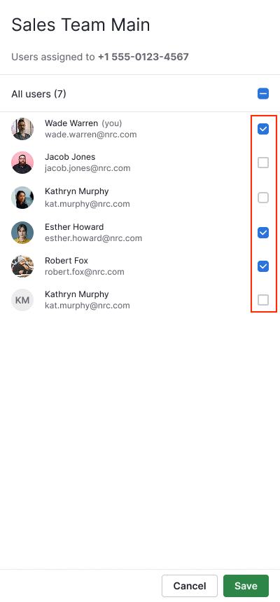 Pipedrive: Nummern-Zuweisung bearbeiten — Nutzer per Checkbox einer WhatsApp-Nummer zuordnen und Save klicken