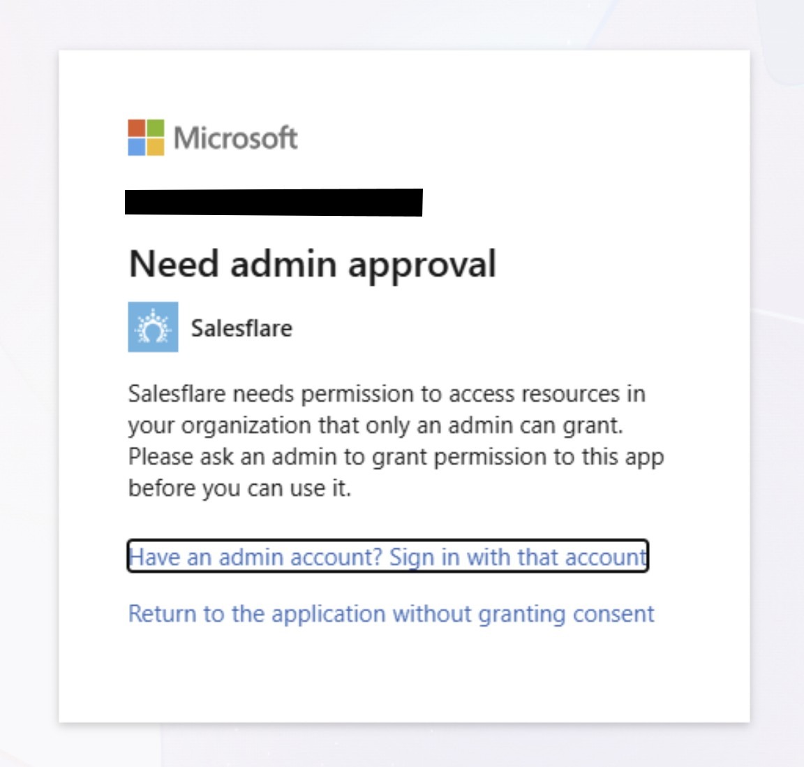 Microsoft-Dialog „Need admin approval": Salesflare braucht eine Freigabe durch den Microsoft-365-Administrator
