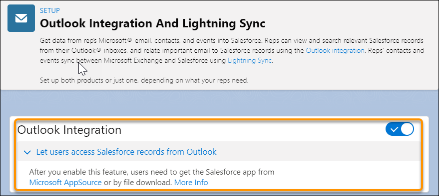 Salesforce Setup: Seite „Outlook Integration And Lightning Sync