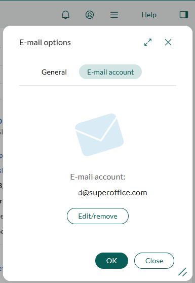 SuperOffice: Dialog E-Mail-Optionen, Reiter „E-Mail-Konto