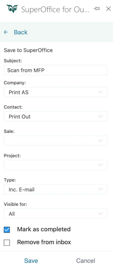 SuperOffice-for-Outlook-Seitenleiste „Save to SuperOffice