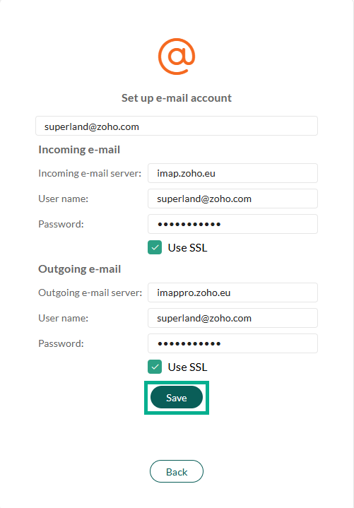 SuperOffice: Erweiterte Einstellungen mit IMAP-Server für eingehende und SMTP-Server für ausgehende E-Mails, jeweils Benutzername, Passwort und SSL