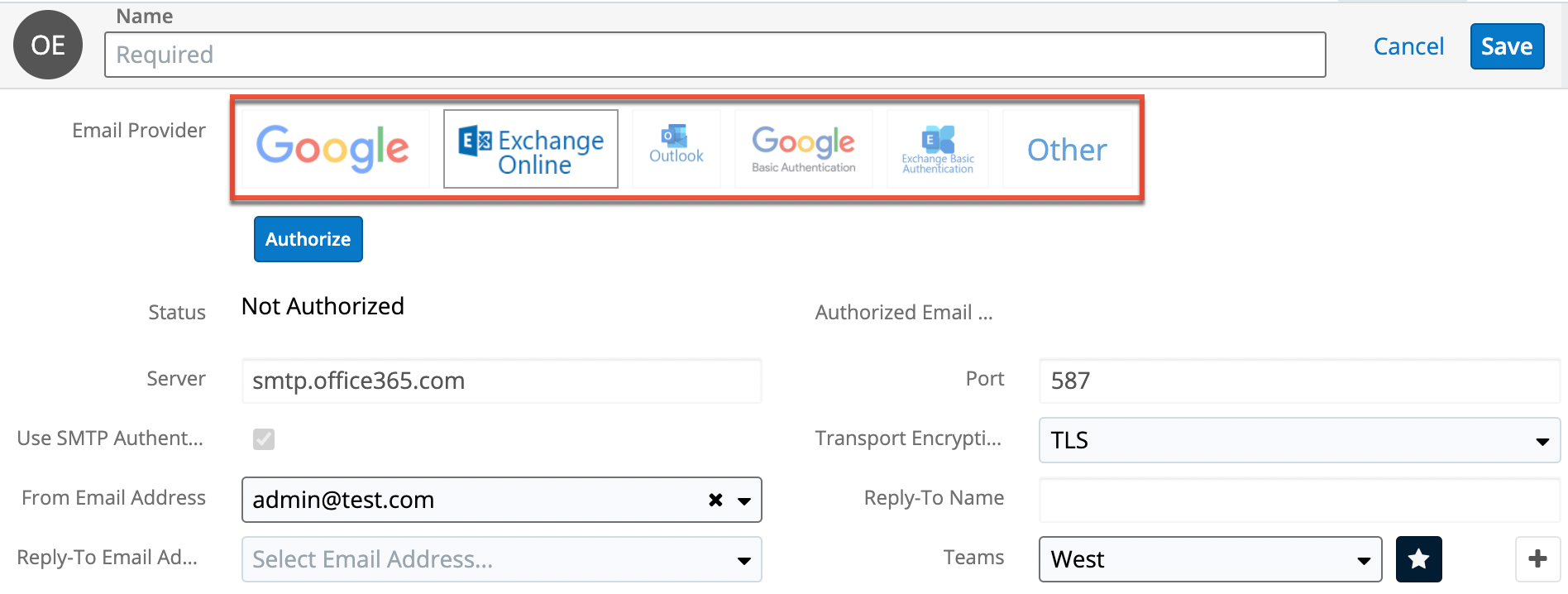 SugarCRM: Provider-Auswahl (Google, Exchange, Other)