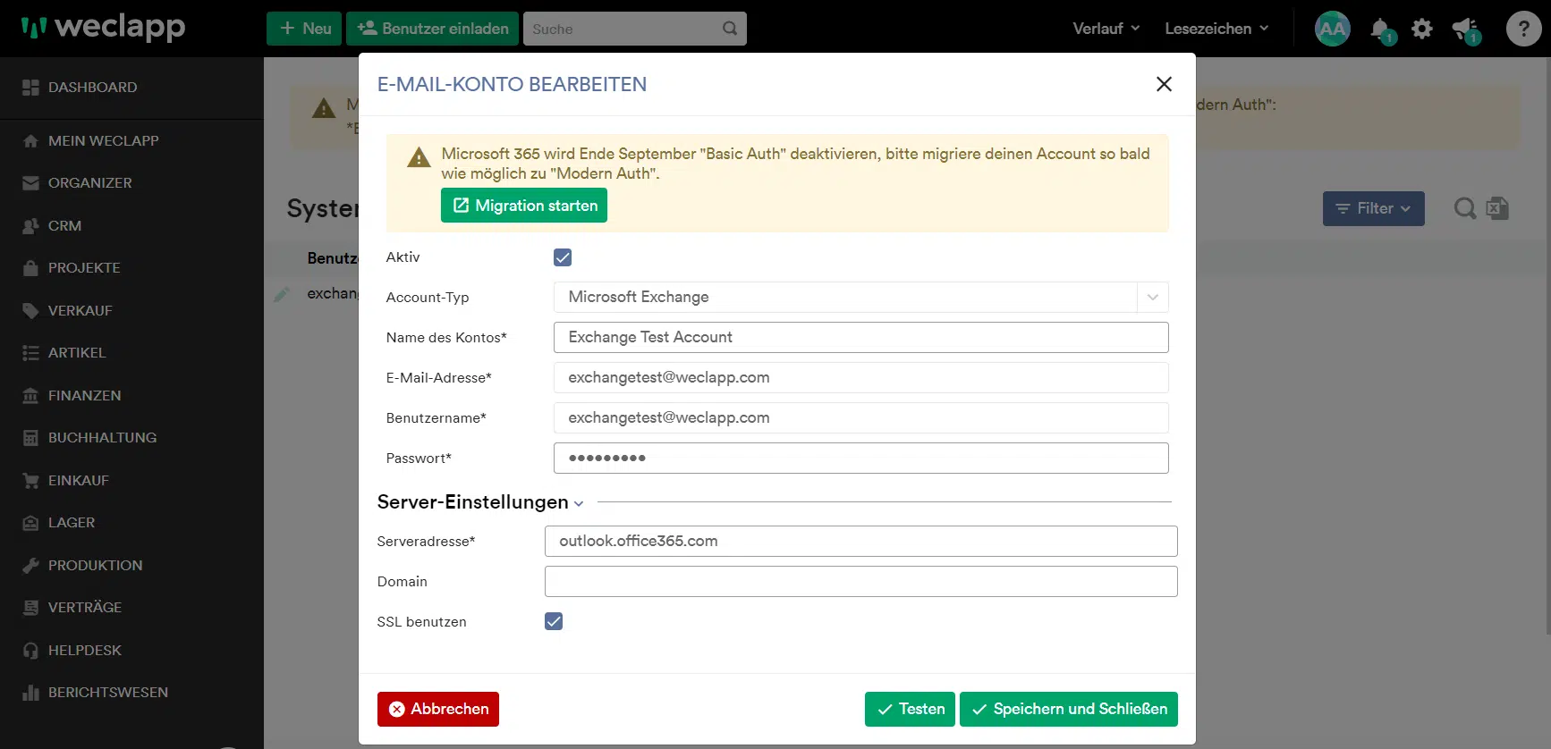 weclapp: Microsoft-365-Konto anlegen (Modern Authentication)