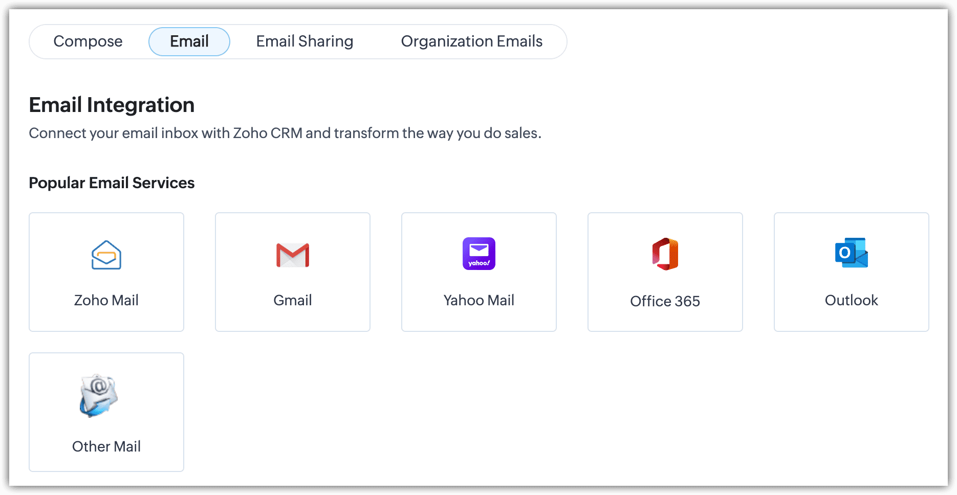 Zoho CRM Email Integration: Kacheln der „Popular Email Services