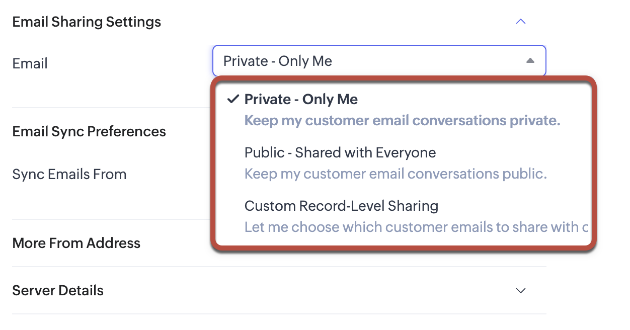 Zoho CRM „Email Sharing Settings