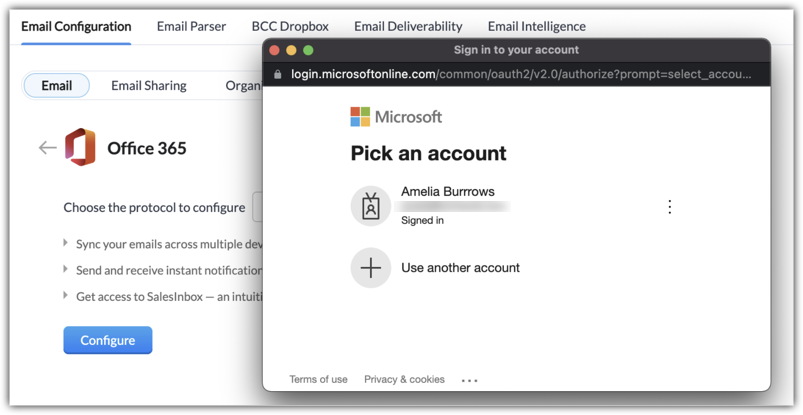 Zoho CRM: Office-365-Konfiguration mit geöffnetem Microsoft-Anmeldefenster („Pick an account