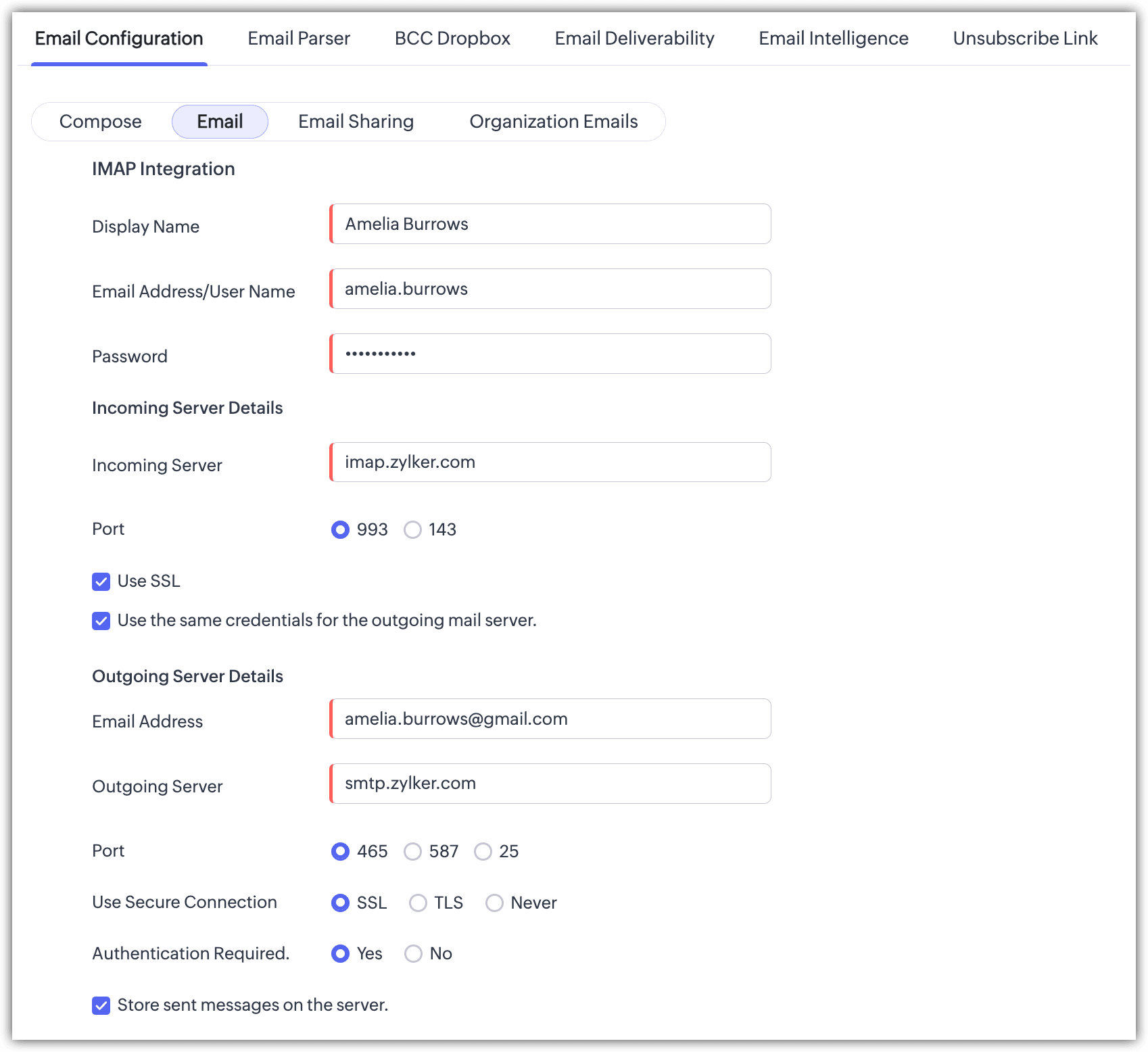 Zoho CRM: Custom-IMAP-Formular mit „Incoming Server Details