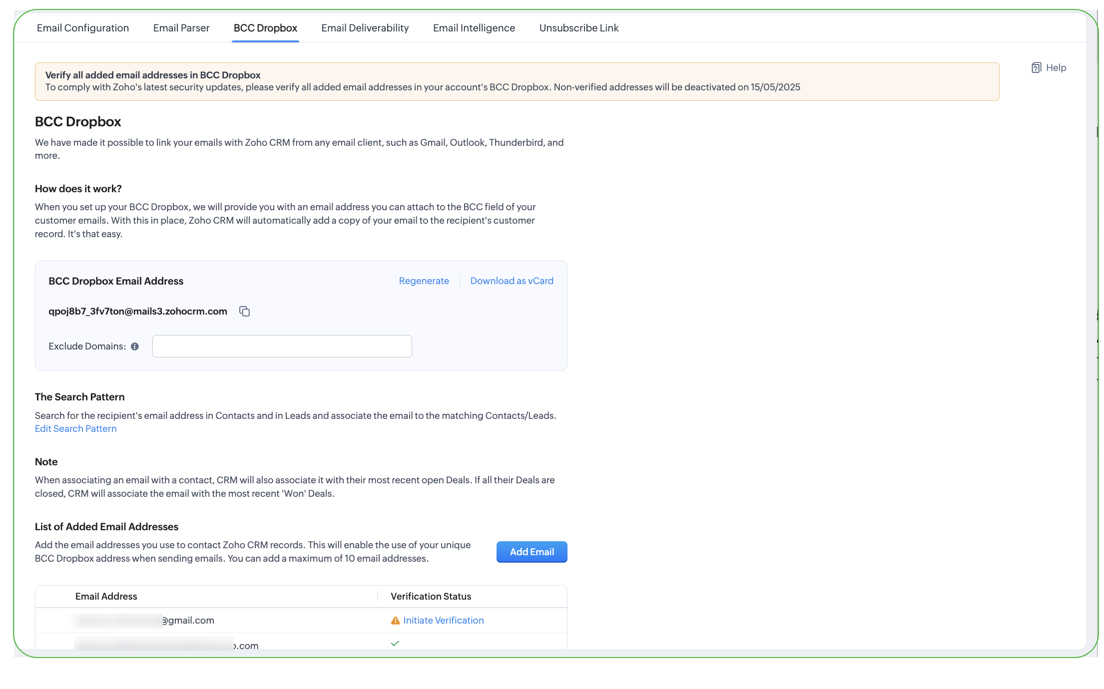 Zoho CRM „BCC Dropbox