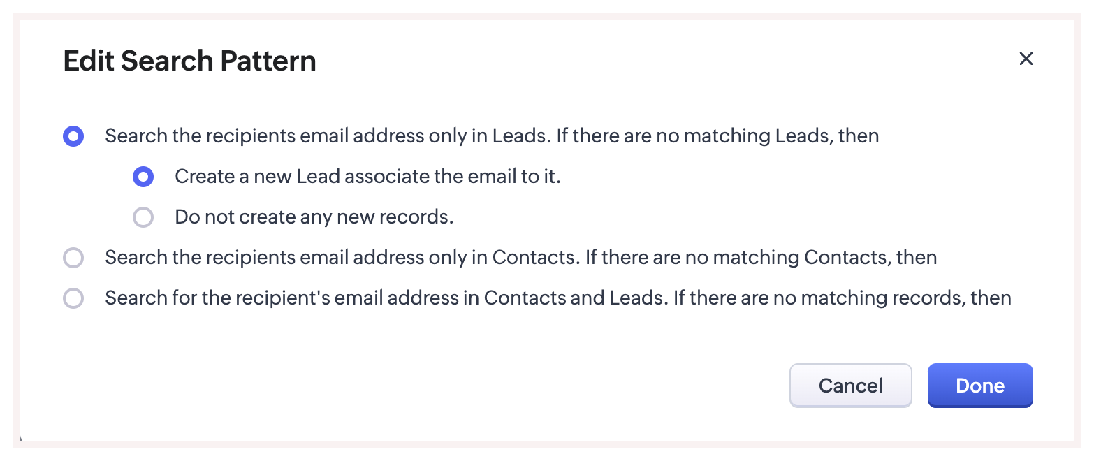 Zoho CRM Dialog „Edit Search Pattern