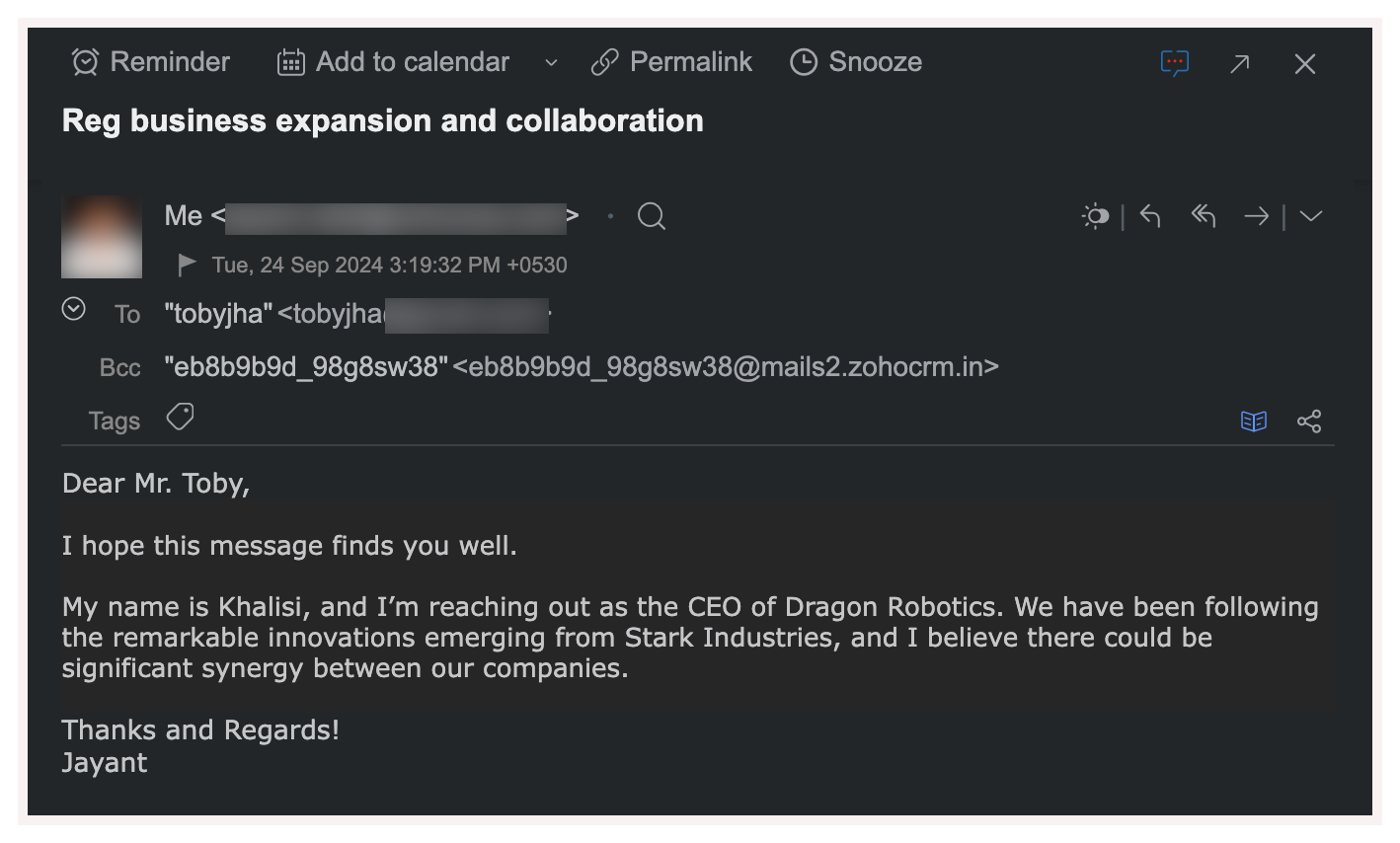 E-Mail-Entwurf mit der Zoho-BCC-Dropbox-Adresse im Bcc-Feld — die Mail wird dadurch dem CRM-Kontakt zugeordnet