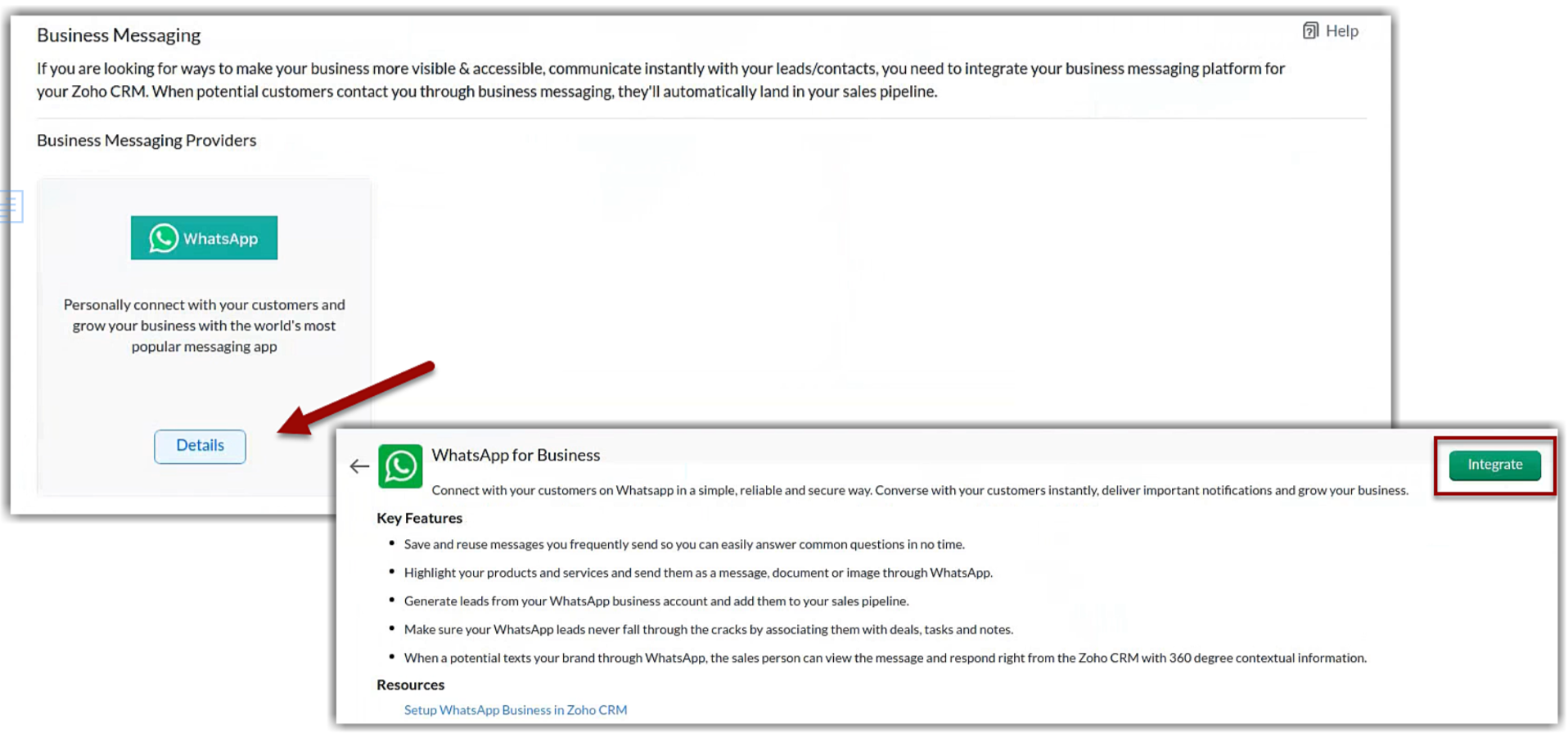 Zoho CRM: Business Messaging mit WhatsApp-Kachel — über Details zur Seite WhatsApp for Business mit dem Button Integrate