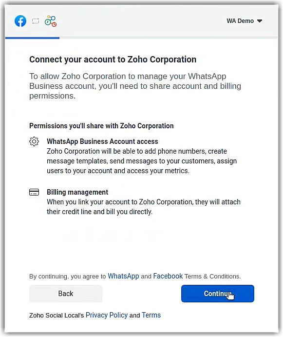 Meta-Fenster: Berechtigungen für Zoho — WhatsApp Business Account access und Billing management, Button Continue